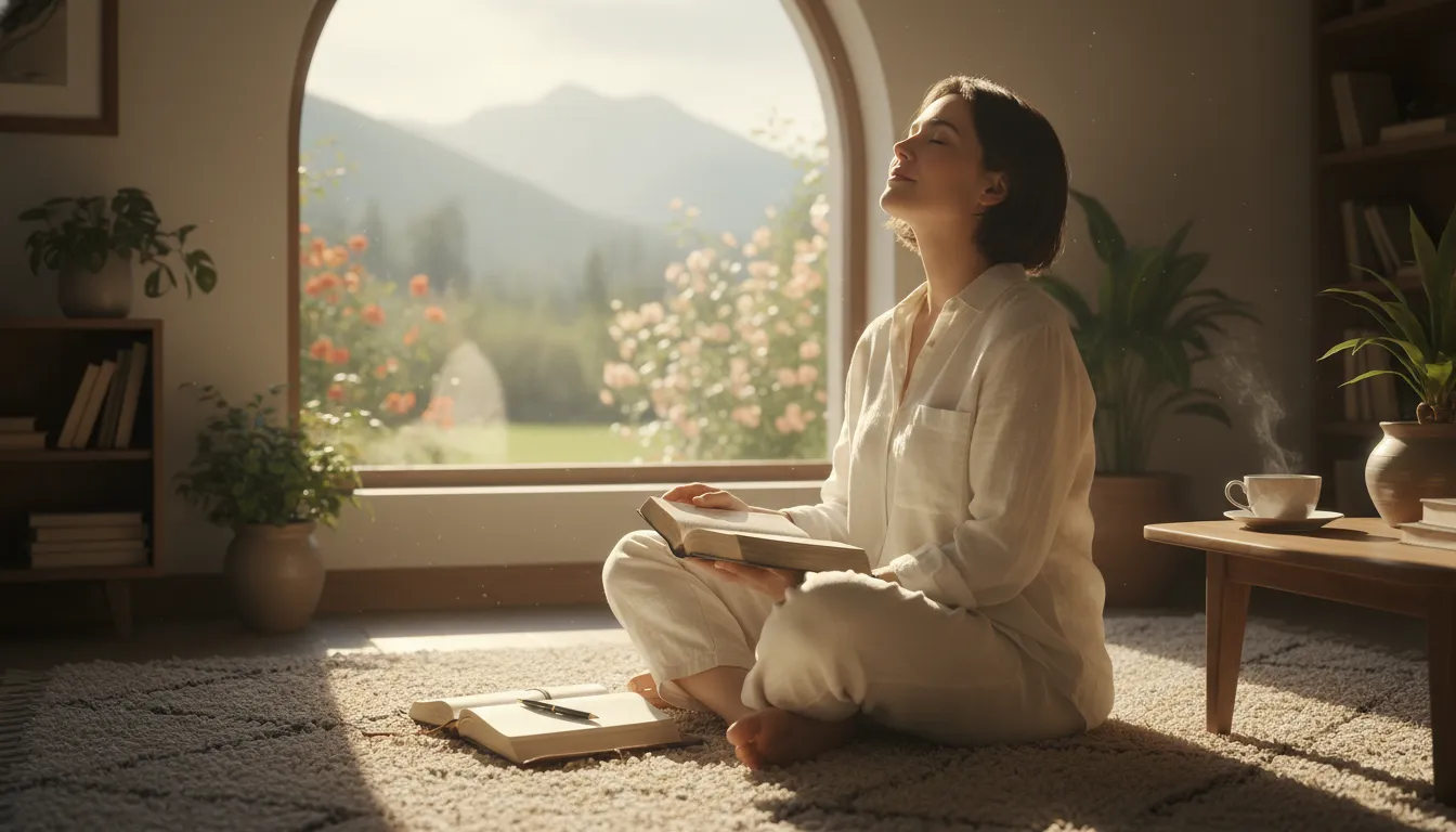 Person quietly praying and seeking God's guidance in a peaceful, sunlit morning.