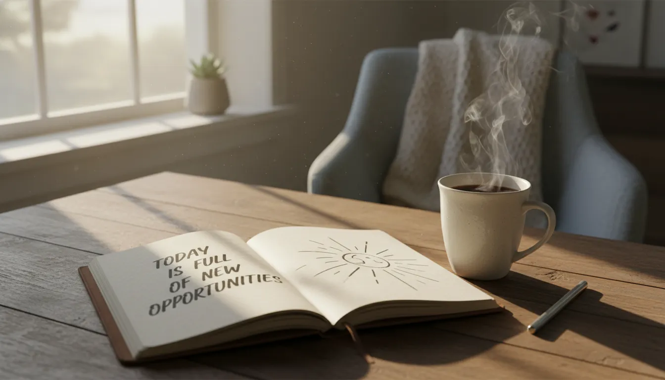 Serene morning scene with a journal and coffee, inspiring positive affirmations and reflection.