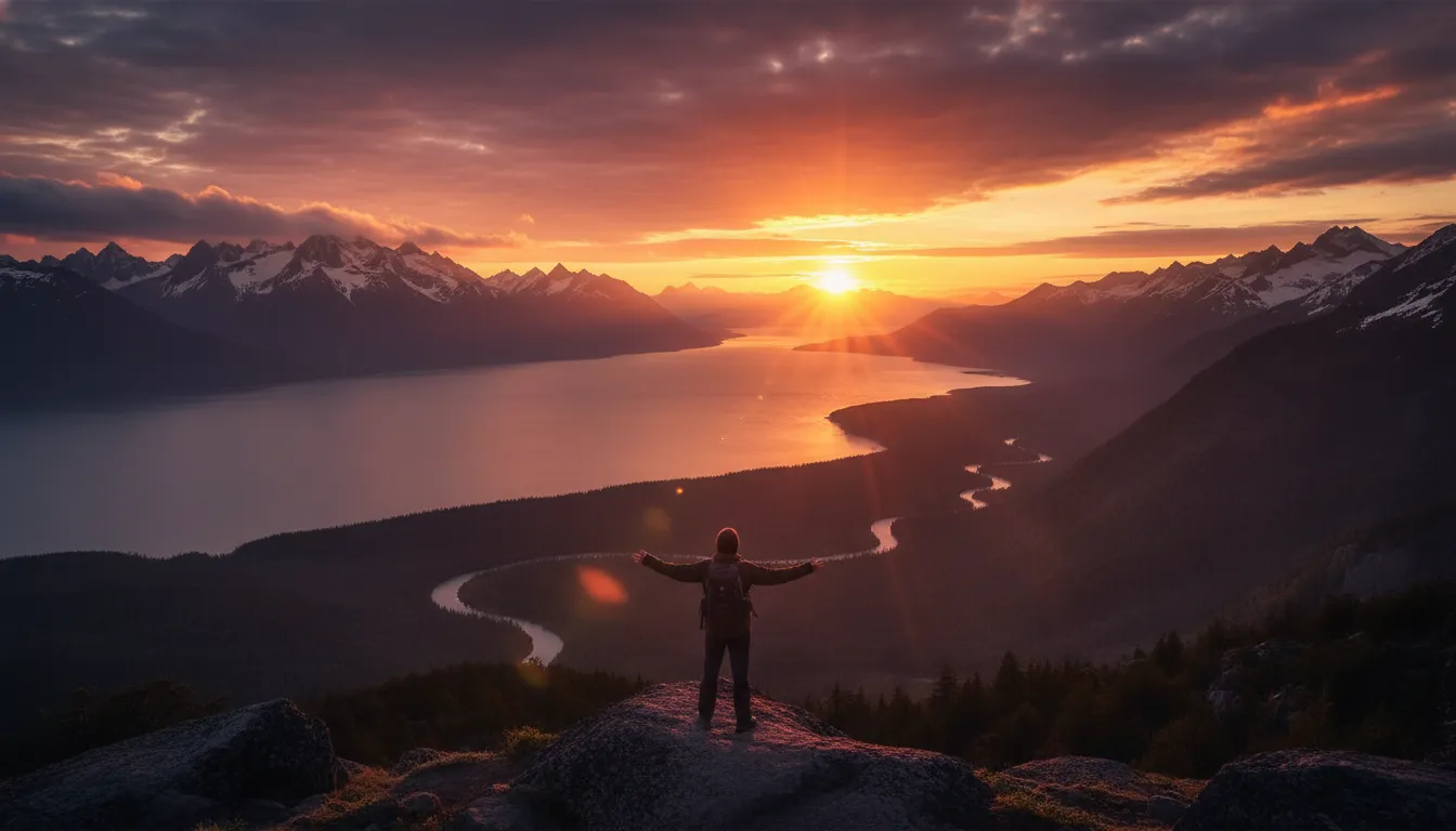 Stunning sunrise over a majestic landscape, representing deep thanksgiving for creation.