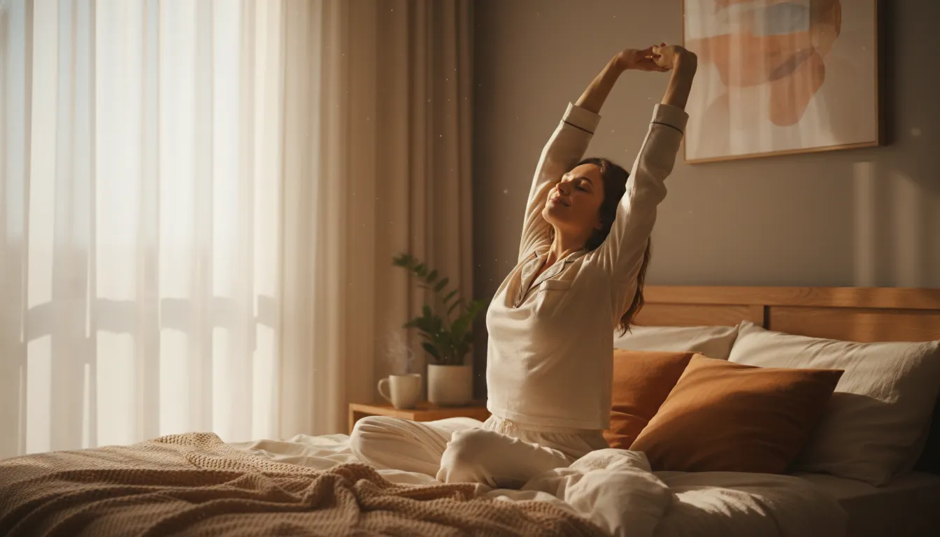 Person waking up peacefully and grateful for a new day and renewed divine compassion.