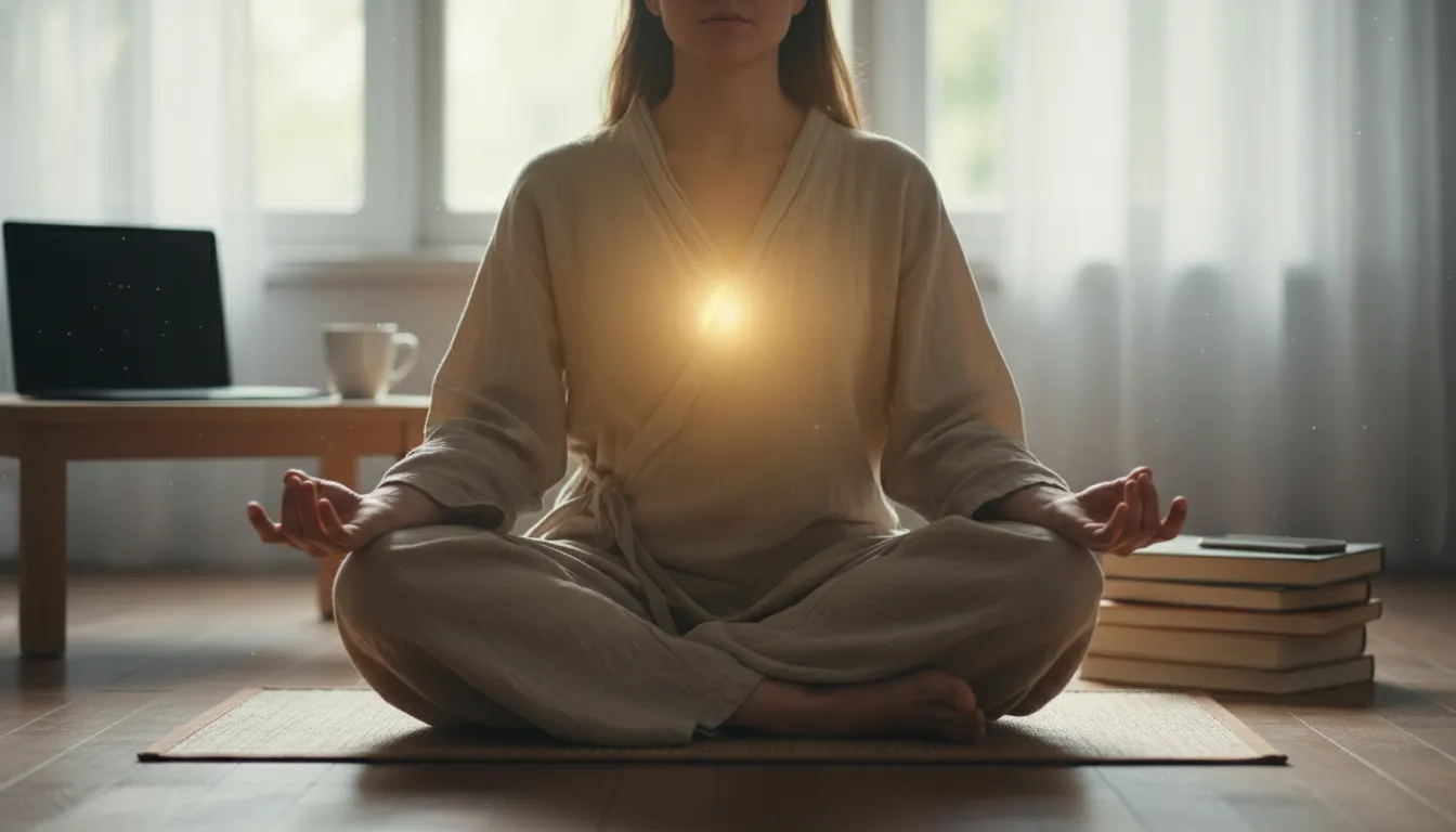 Person in a focused, prayerful pose, finding spiritual clarity and letting go of distractions.