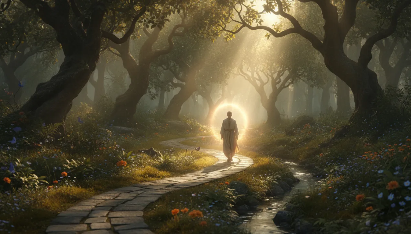 Person walking on a sunlit path, symbolizing a prayer for God's constant presence and guidance.