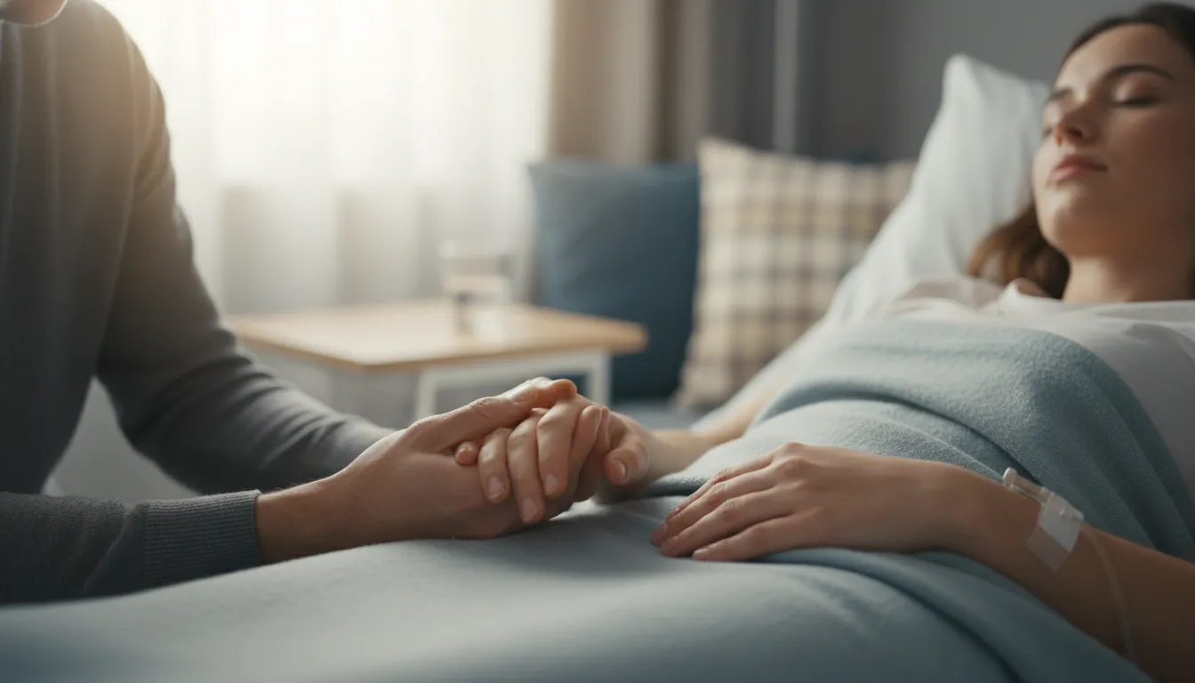 Prayers for Healing: A friend's hand gently holding another's, symbolizing comfort, support, and prayer for healing during a difficult time.