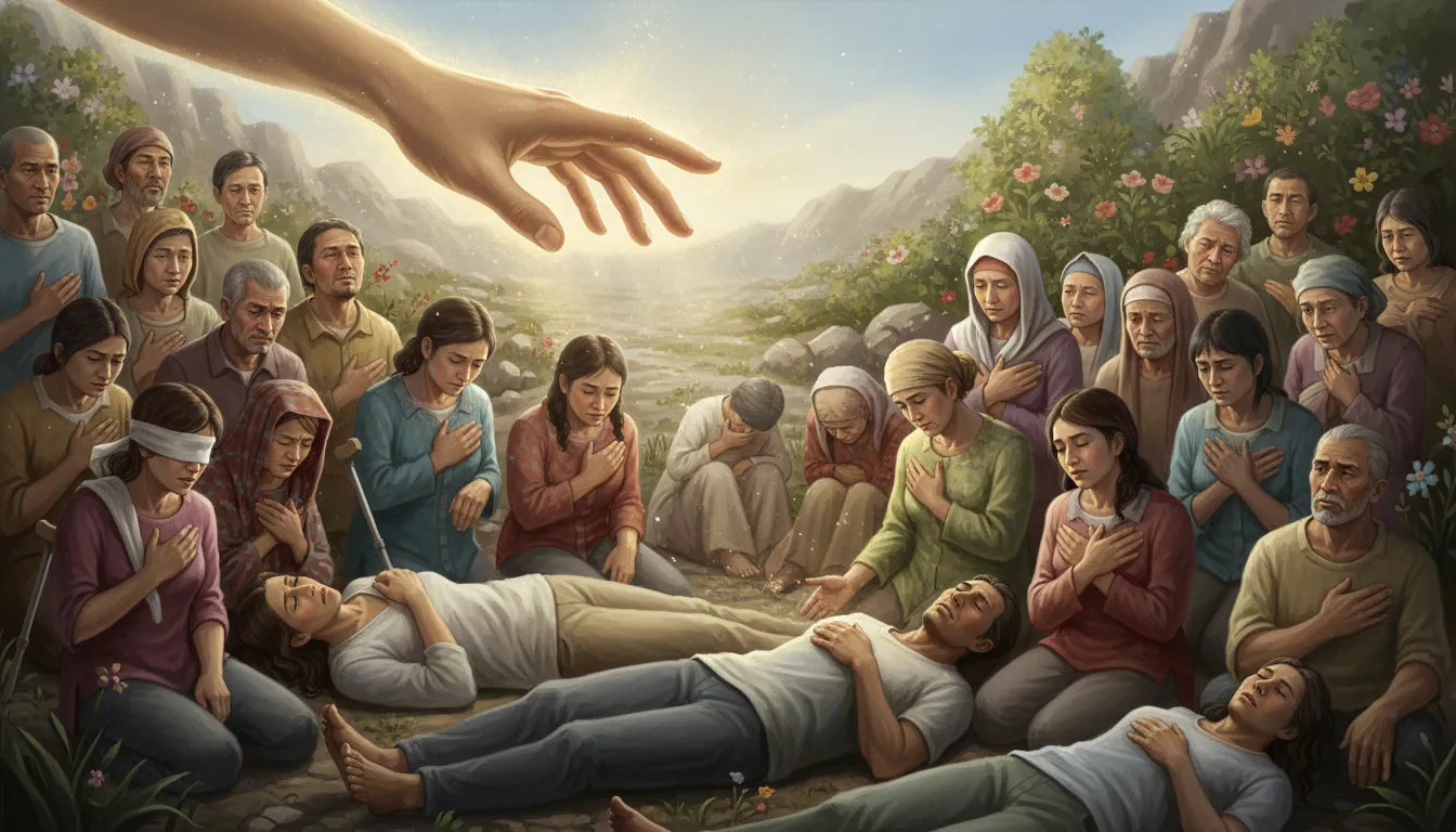 A compassionate, gentle hand reaching out over people in need, symbolizing a prayer for powerful healing for sick friends.