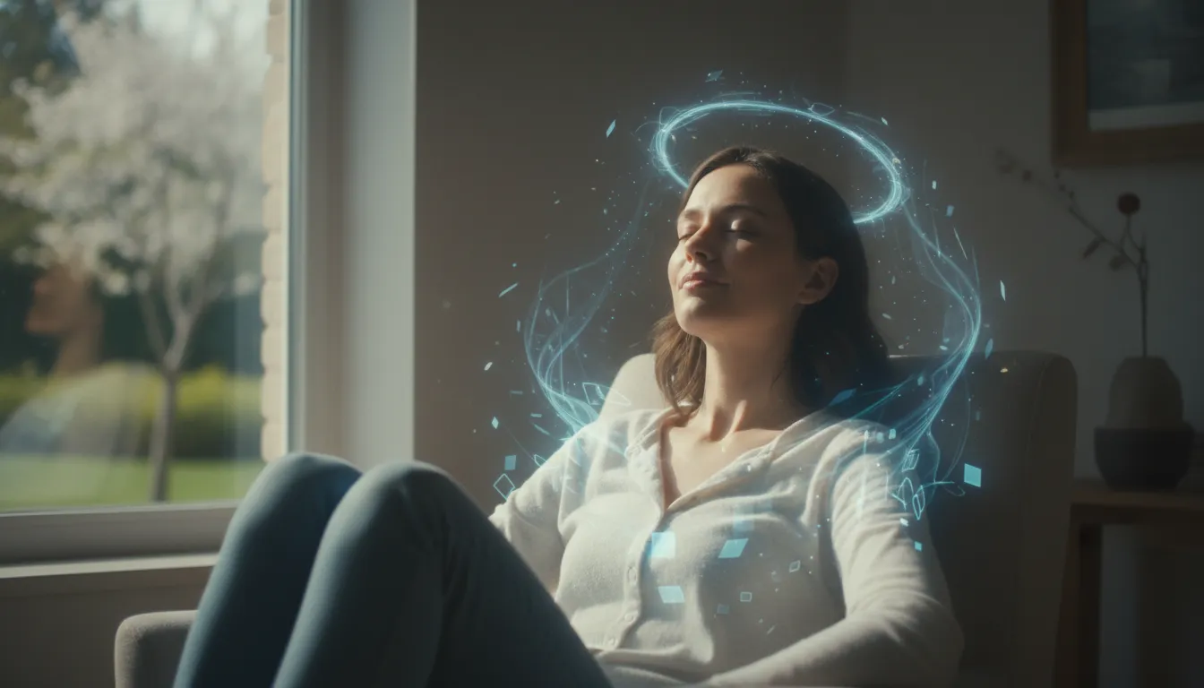 A person sitting calmly with a serene expression, surrounded by subtle, calming light, symbolizing mental healing and relief from overwhelming pressures.