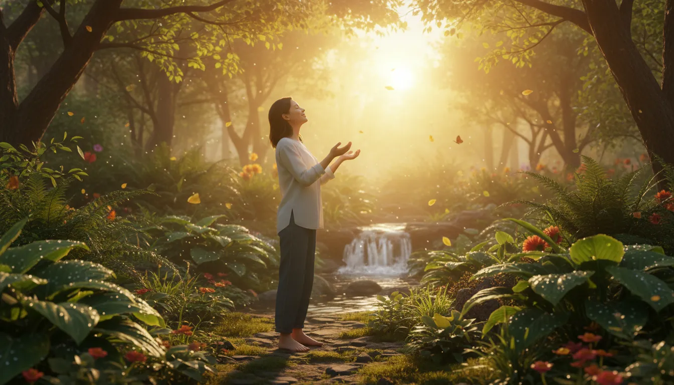 A serene individual contemplating a vibrant sunrise over a tranquil landscape, symbolizing a prayer for good health and renewal for a friend.