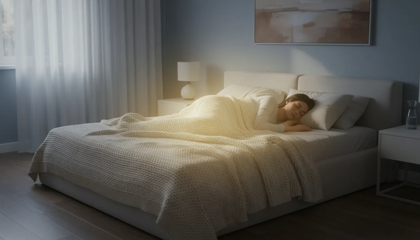 A person resting peacefully in a warm, soft bed, surrounded by a gentle glow, symbolizing safety, care, and recovery from illness.