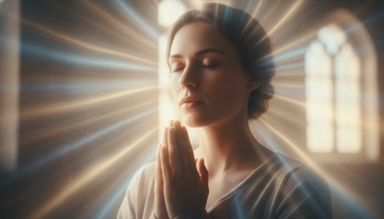 A person in deep prayer, surrounded by a peaceful, glowing aura, illustrating the emotional and spiritual support found in the power of prayer for healing.