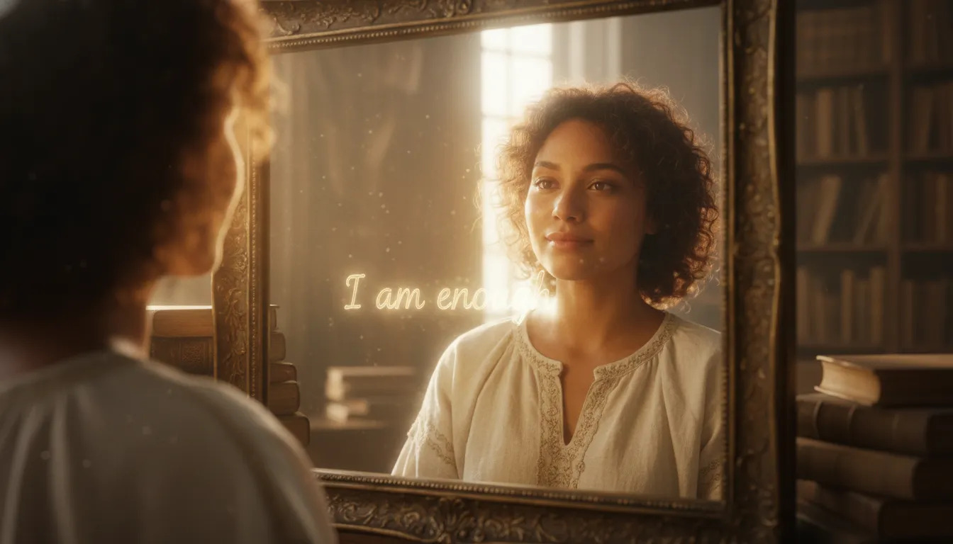 A person looking confidently into a mirror with a gentle glow, symbolizing self-love and the start of healing by realizing one's intrinsic worth.