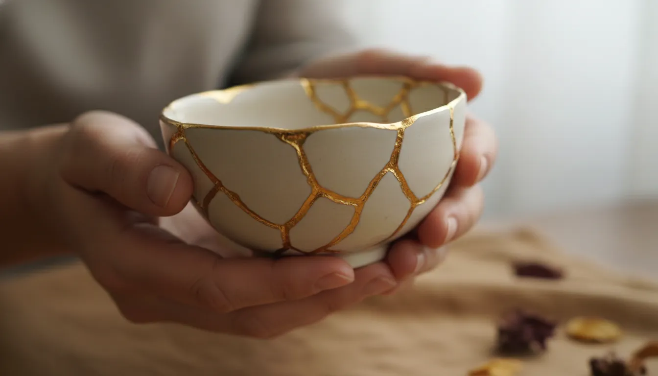 Hands gently holding a mended ceramic piece in the kintsugi style, symbolizing self-healing, embracing flaws, and recognizing intrinsic worth.