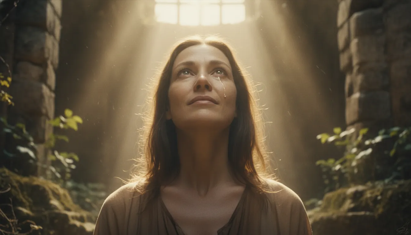 A person looking towards a soft, ethereal light with a hopeful expression, symbolizing finding strength, recovery, and solace through prayer in hard times.