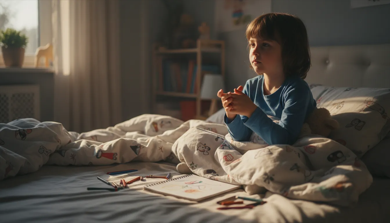 Child reflecting on the day with gratitude in bed, symbolizing thanks for the day.