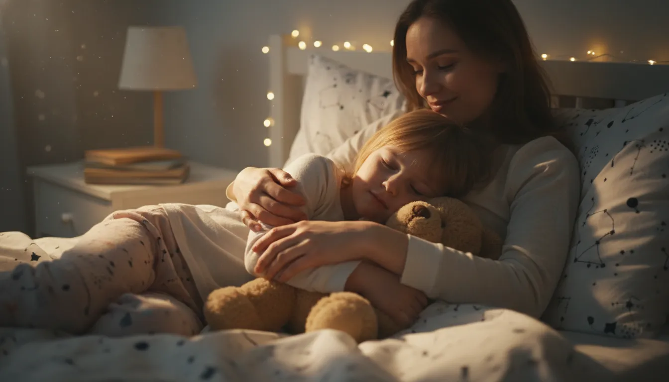 Child embracing a parent during bedtime, showing love and gratitude after a powerful bedtime prayer.