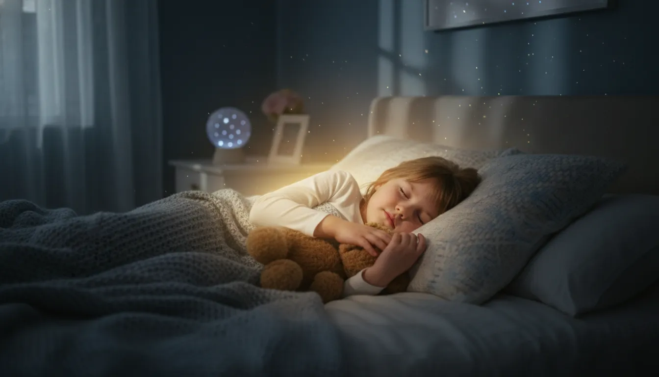Child sleeping peacefully, protected from bad dreams by prayer, with a serene expression in a cozy room.