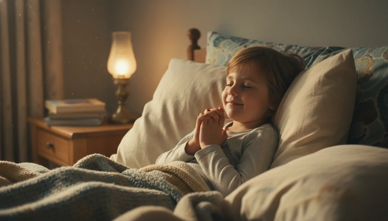 Child with closed eyes and clasped hands in bed, showing the comfort and peace of bedtime prayers.