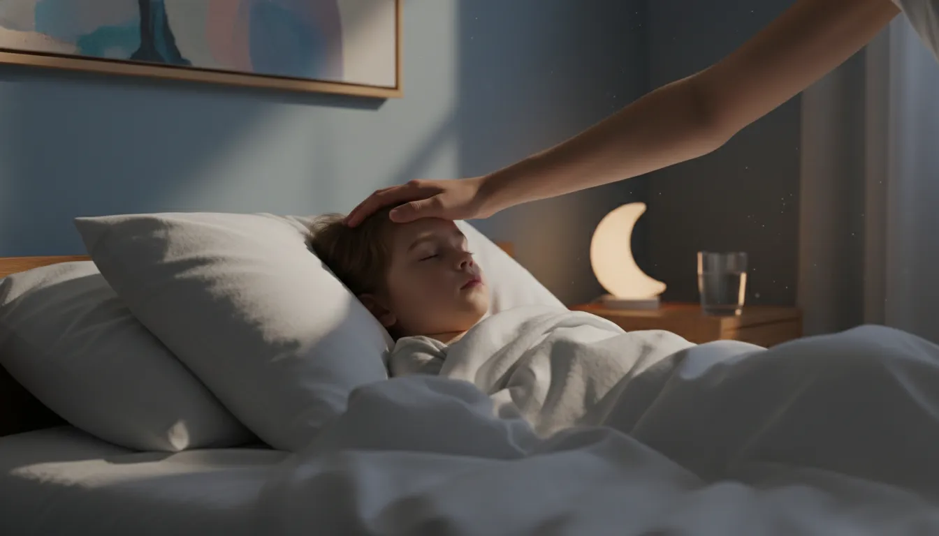 Child in bed looking calm with a comforting hand on their forehead, illustrating simple bedtime prayers for peace.