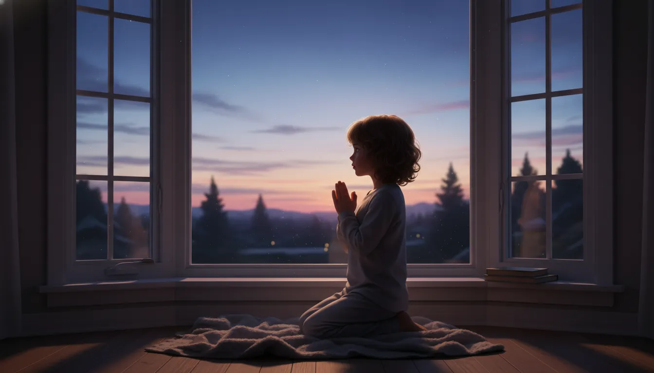 Child kneeling by a window, praying as evening light fades, representing night prayers for kids.