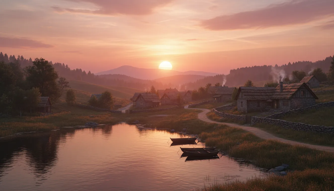 Beautiful good evening blessings with a serene sunset over a tranquil landscape, symbolizing peace and warmth.