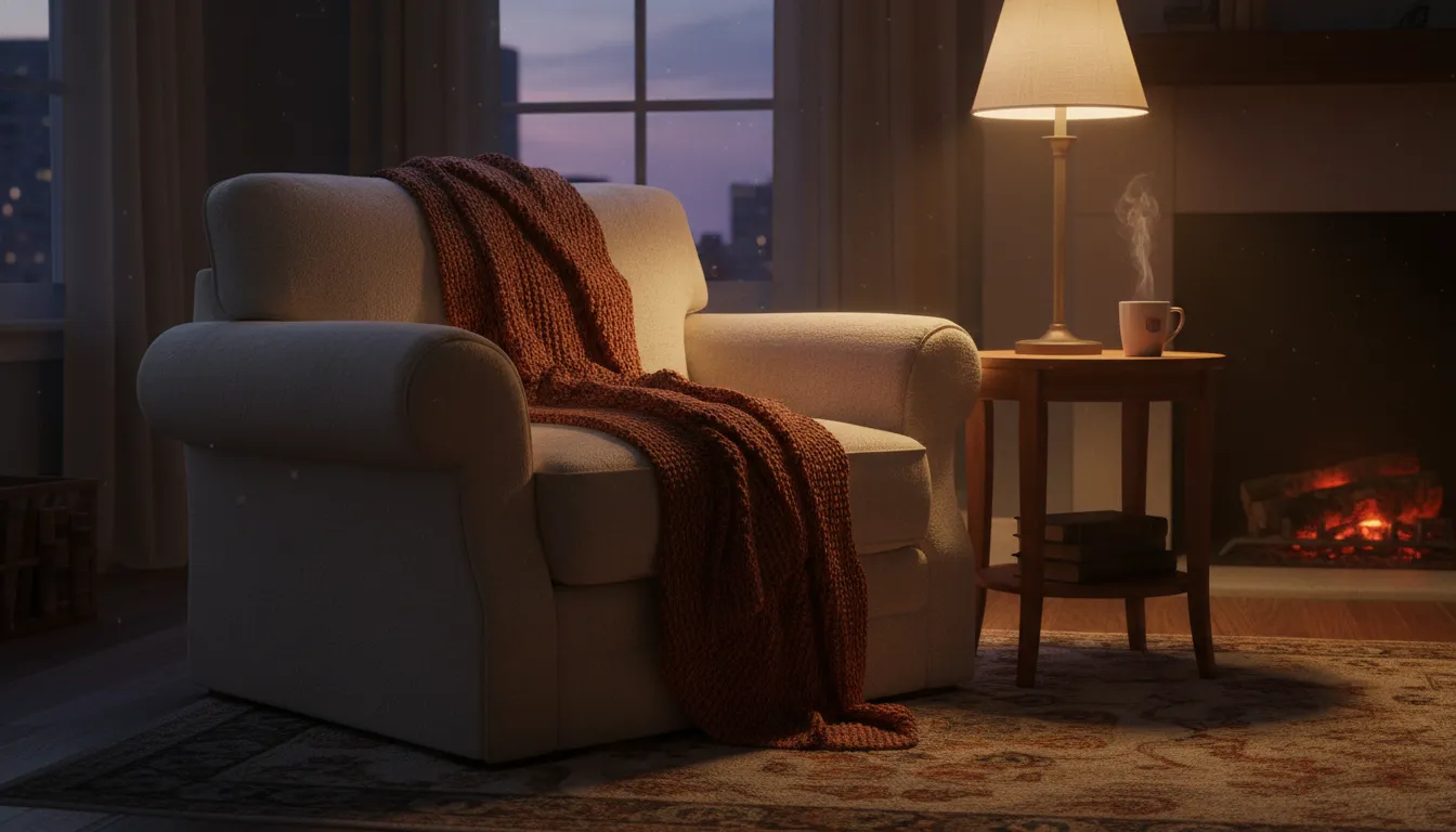 Good evening greetings in a cozy living room, symbolizing peace, calm, and hope for sweet dreams.