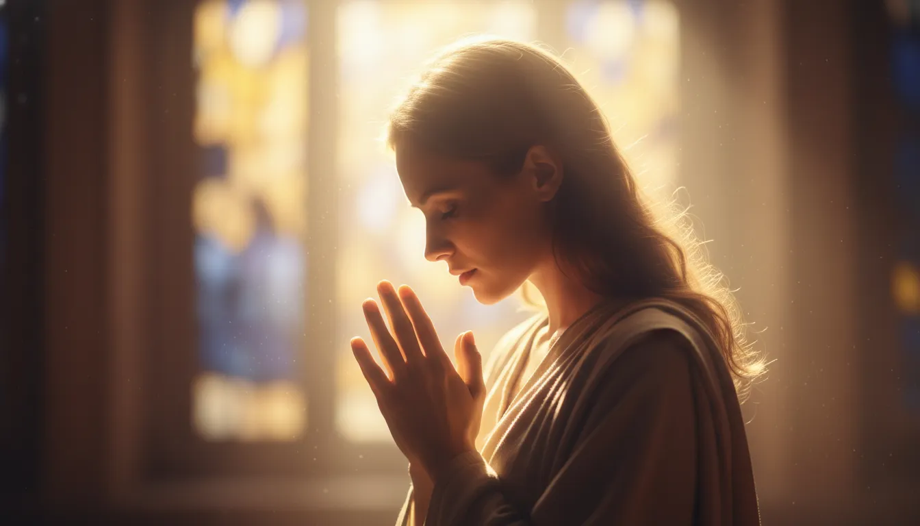 Good evening blessings and prayers, with a person in quiet prayer bathed in comforting light, symbolizing peace and spiritual strength.