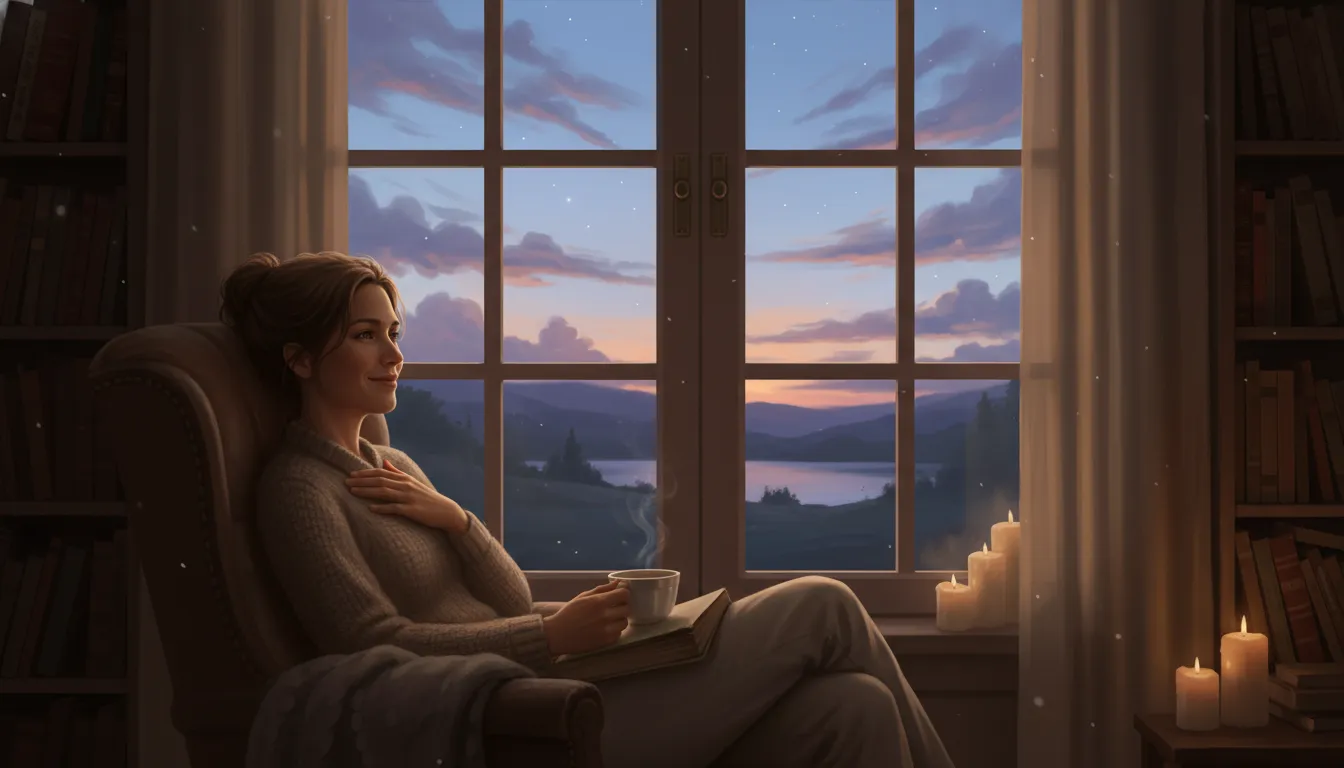 Giving thanks goodnight prayer, with a person reflecting gratefully by a window at dusk, symbolizing thankfulness and peace.