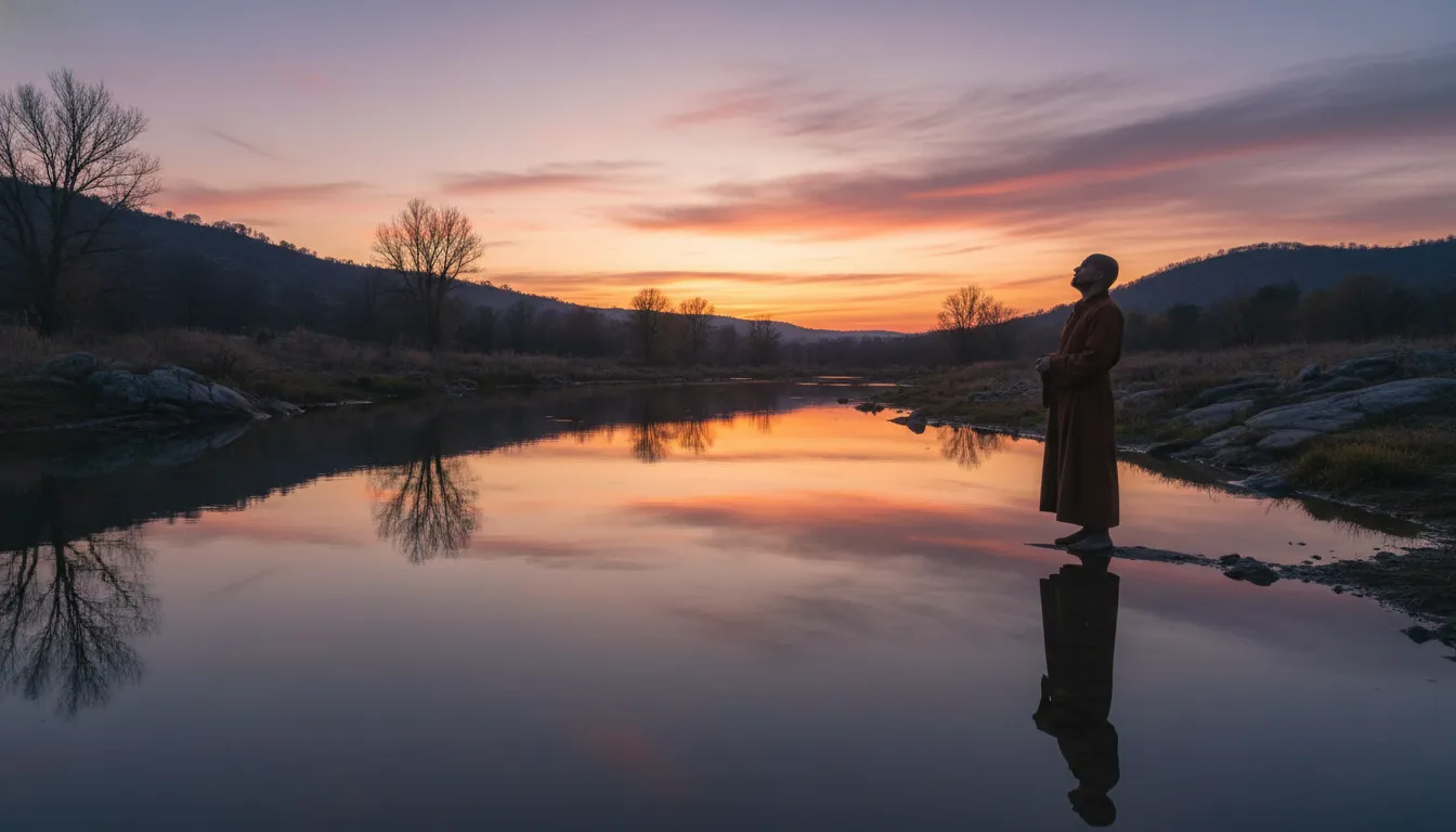 Evening prayer for peace, showing a solitary figure by a calm lake at twilight, symbolizing tranquility and spiritual rest.