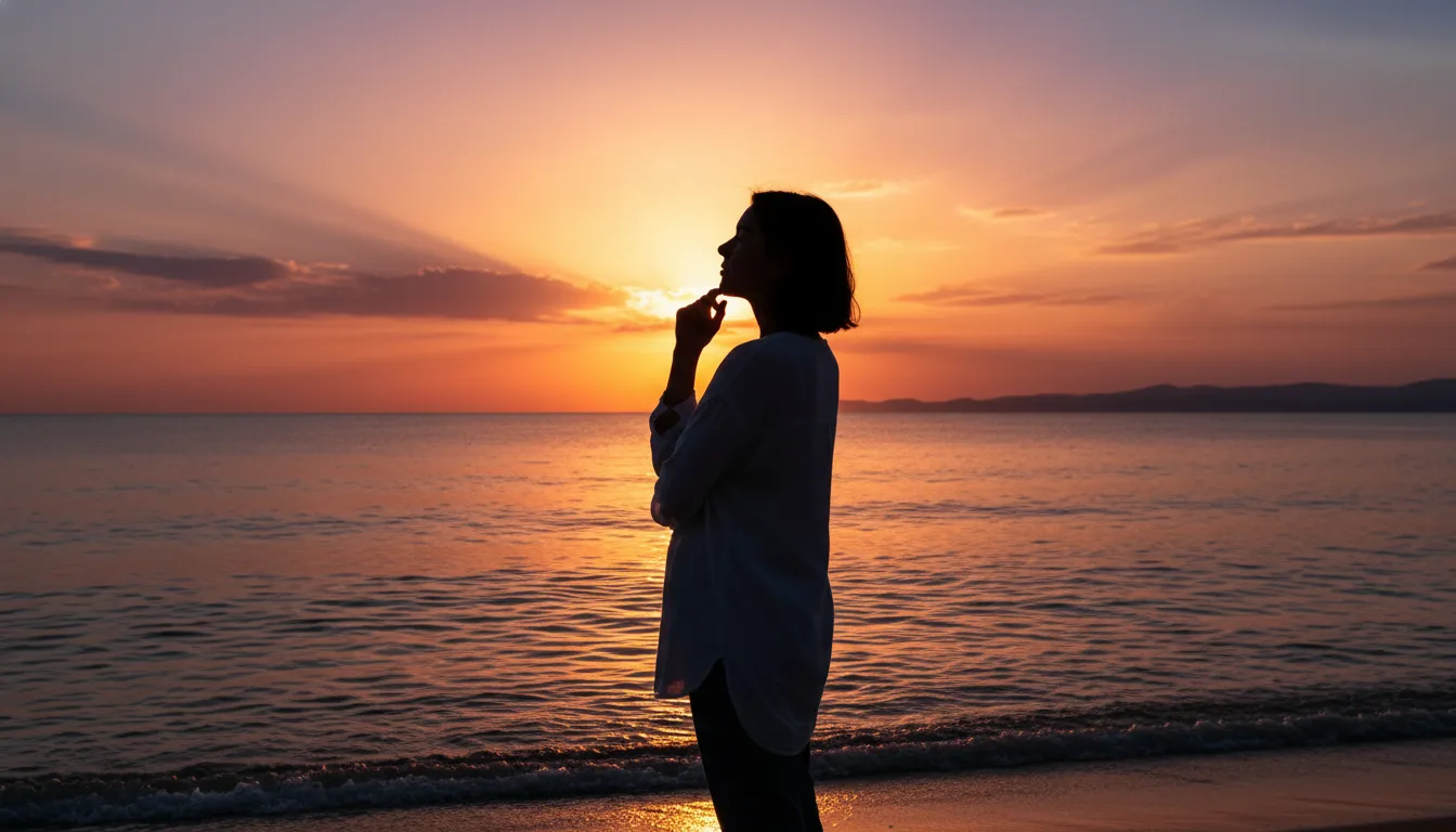 Inspirational good evening blessings quotes, with a person silhouetted against a hopeful sunset, symbolizing reflection and hope.