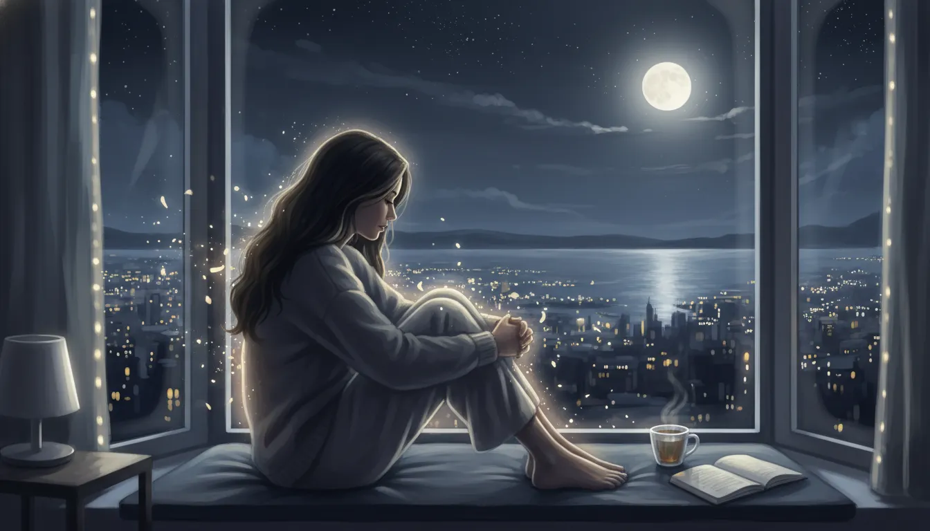 A person sitting peacefully by a moonlit window at night, their shoulders relaxed, symbolizing a worried mind finding ease through prayer.