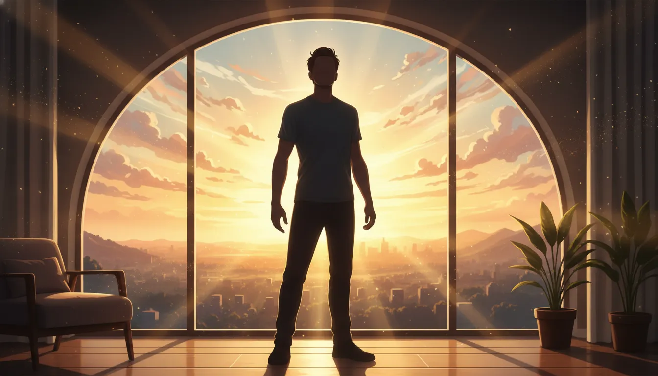 A silhouette of a person standing at a window, watching the sunrise, symbolizing strength and courage for the new day ahead.