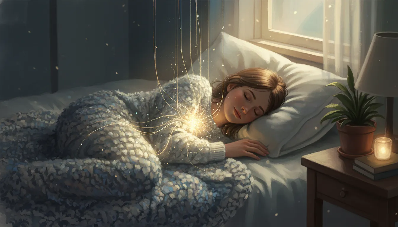 A peaceful figure sleeping soundly with ethereal mending light over their chest, symbolizing a soul being mended and body finding rest.