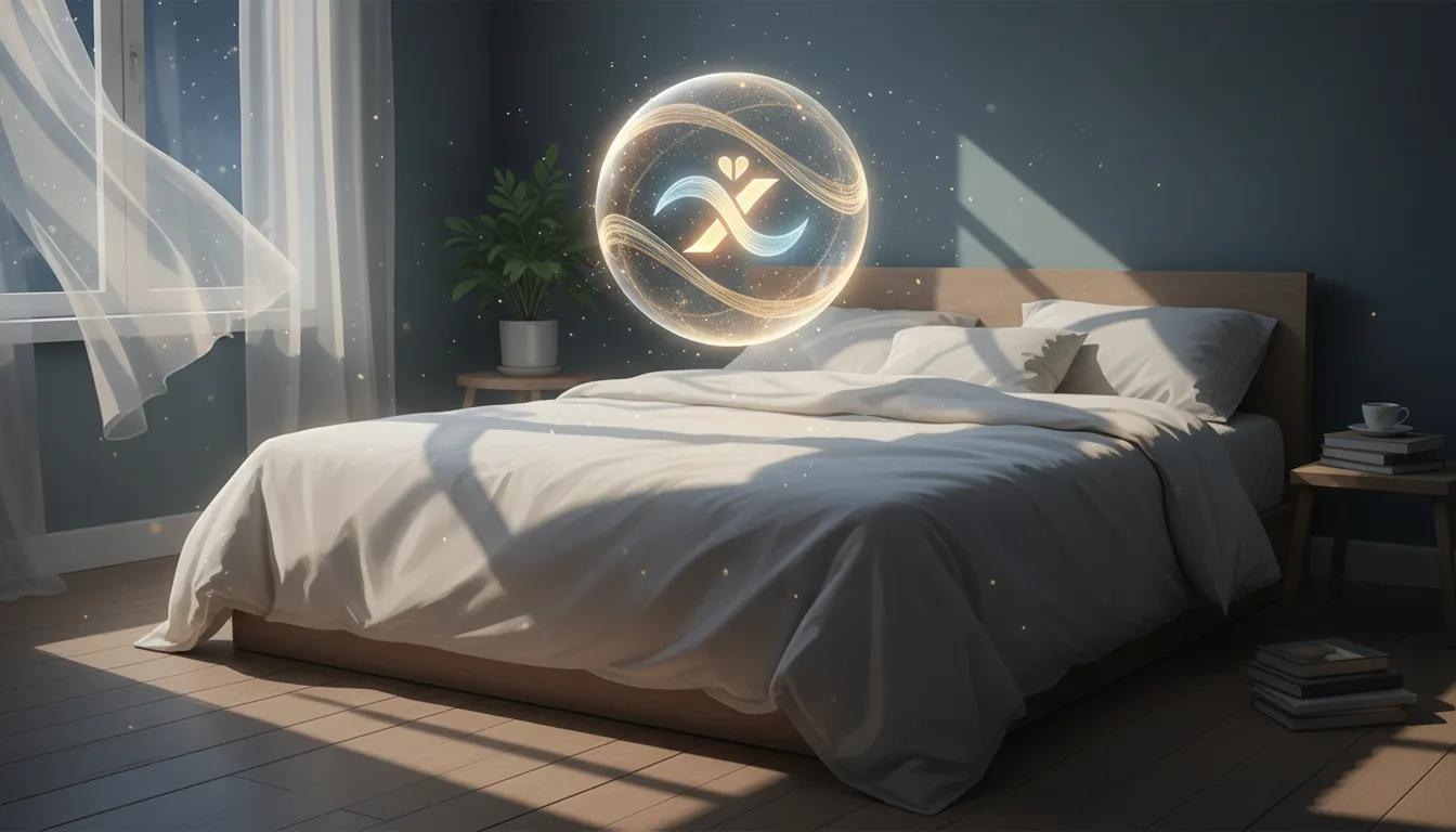 A tranquil bedroom at night with moonlight illuminating the bed, and a shimmering orb of light symbolizing inspirational good night blessings.