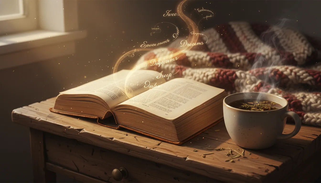 An open antique book on a nightstand with glowing script, symbolizing sweet good night quotes inspiring sound sleep and peaceful dreams.