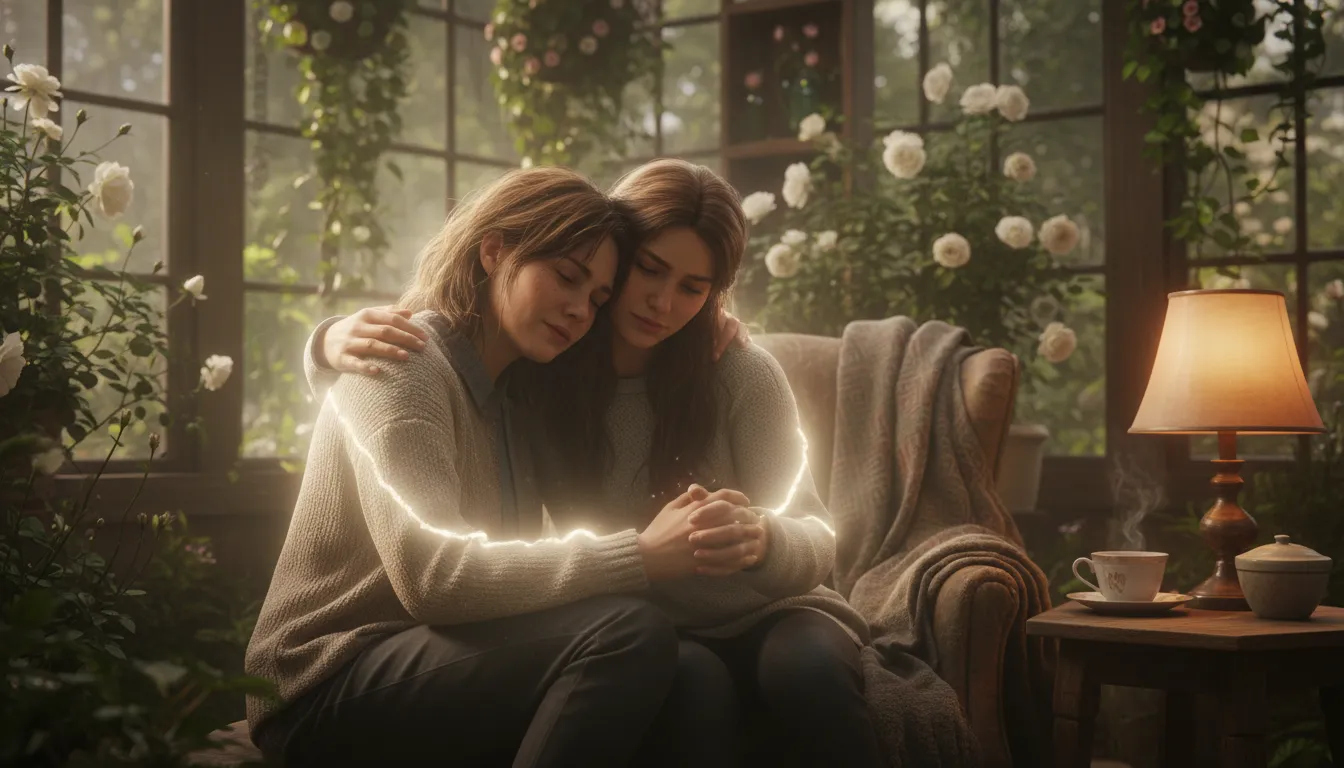 A friend offering comfort and support to another friend who is struggling, symbolizing prayer for strength and grace.