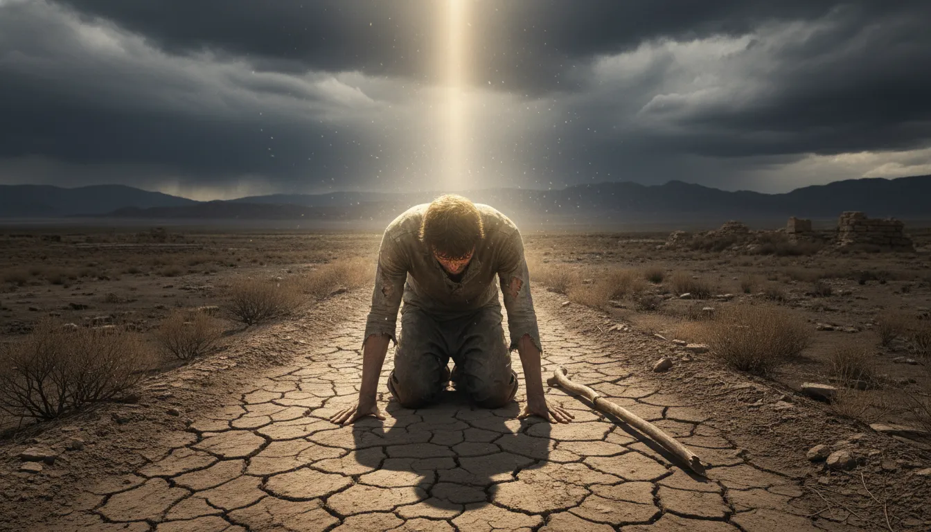 A weary person on the verge of giving up, illuminated by a ray of divine light, symbolizing renewed strength and hope from prayer.