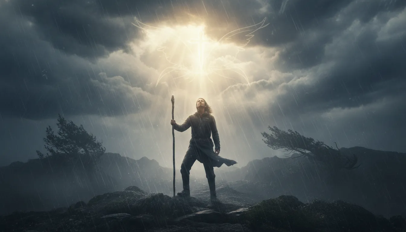 A person standing calmly in a metaphorical storm, looking towards a ray of light, symbolizing finding strength and peace when feeling overwhelmed.
