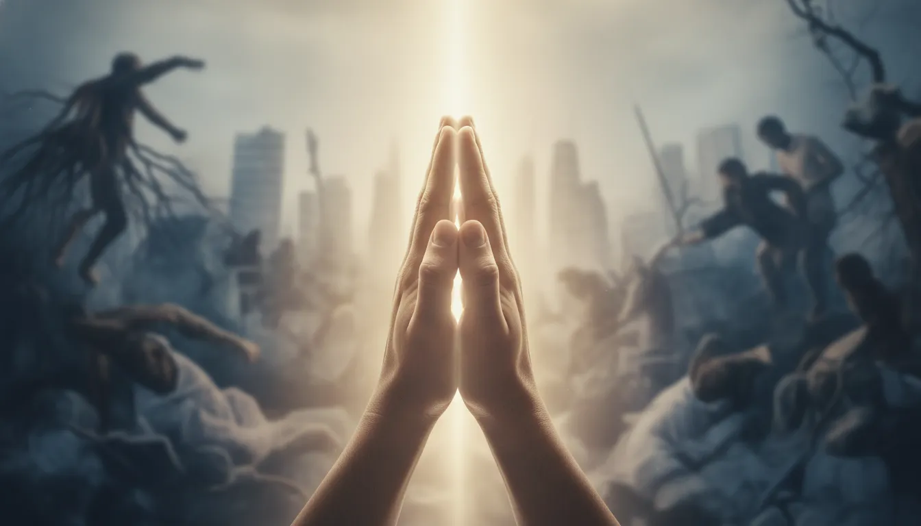 Hands clasped in prayer, radiating a serene light, symbolizing finding strength and peace in God during stressful times.
