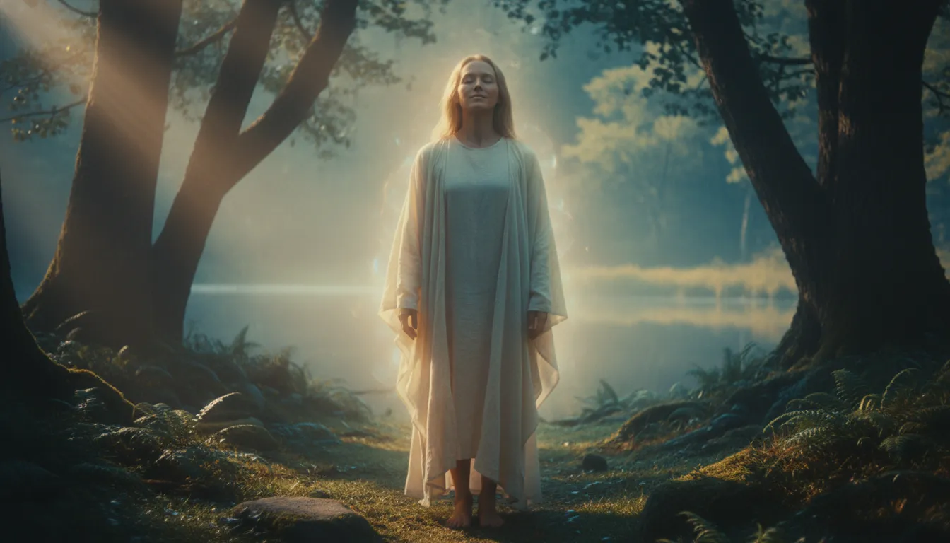 A person with eyes closed, bathed in soft light in a peaceful natural setting, symbolizing spiritual strength and renewal through prayer.