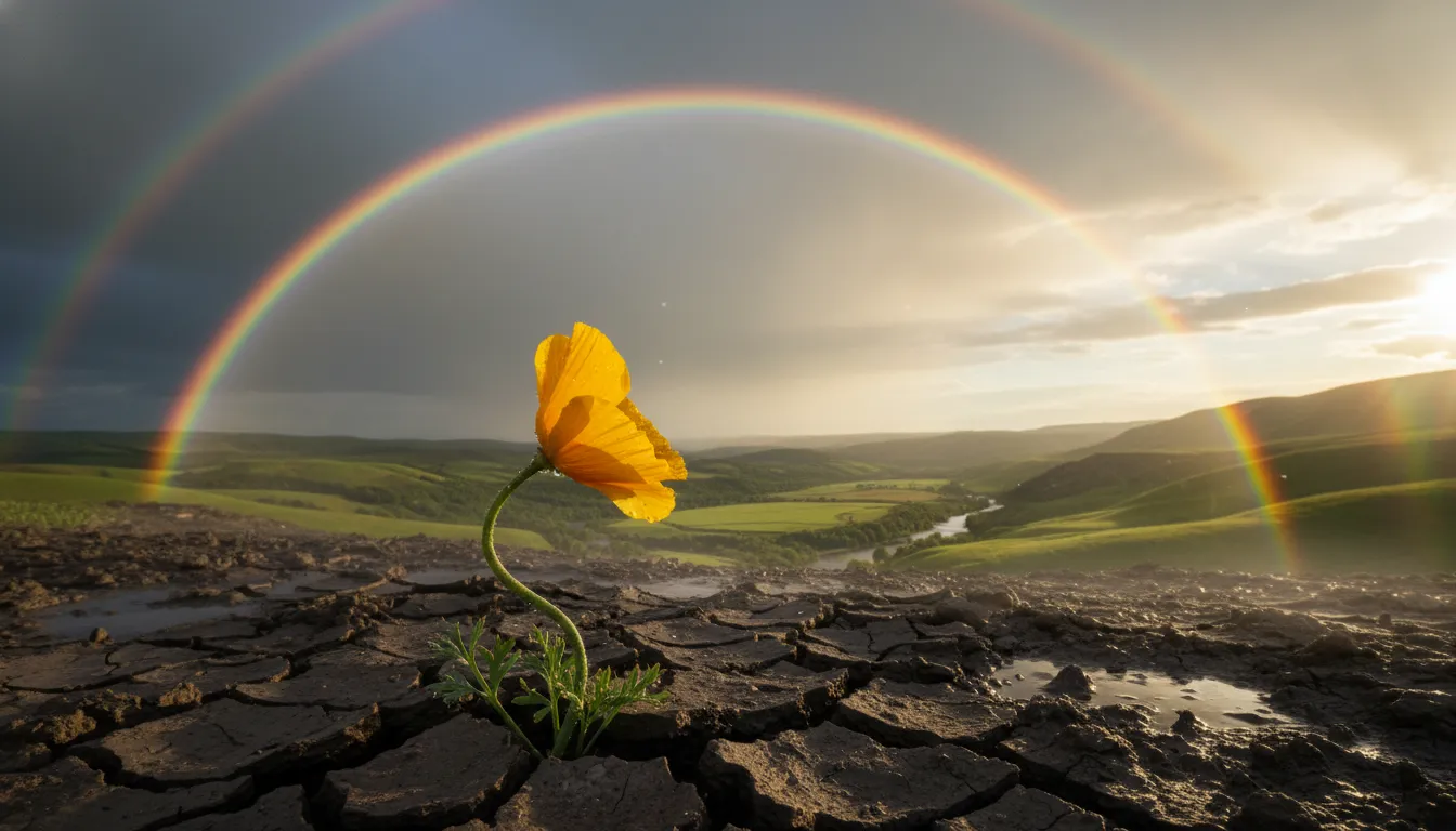A vibrant rainbow arching over a clearing landscape, with a hopeful flower in the foreground, symbolizing renewed hope and divine promises.