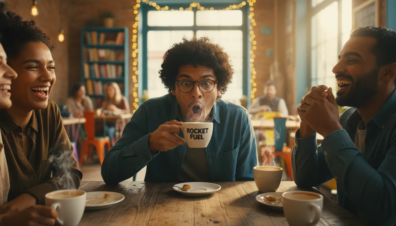 Friends laughing hysterically in a cafe, one comically reacting to a strong cup of coffee, illustrating funny blessings among friends.