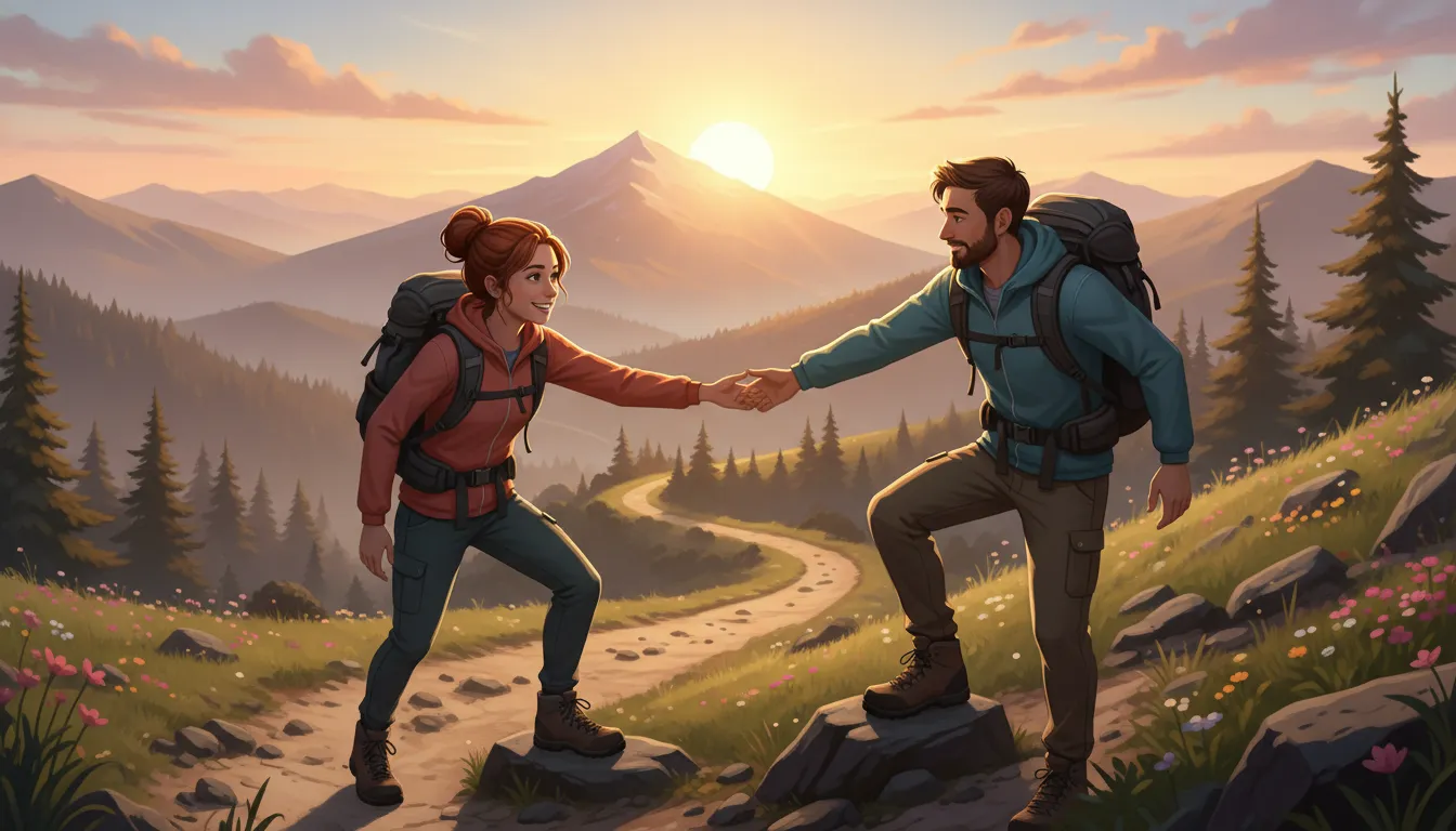 Two best friends helping each other up a sunlit mountain path, symbolizing inspiration, guidance, and support on life's journey.