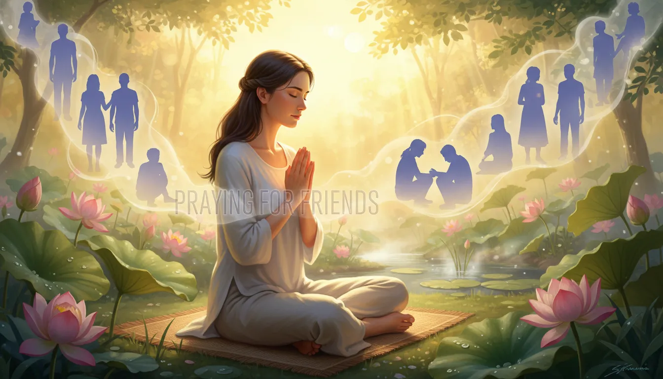 A person in morning prayer, with subtle, ethereal figures of diverse friends surrounding them, symbolizing praying for loved ones.