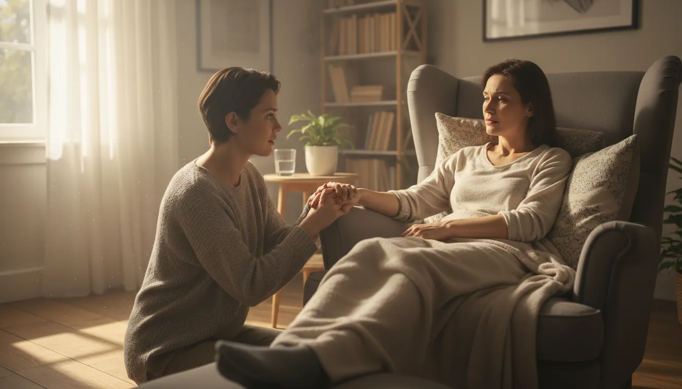 One friend offering comfort and support to another, gently holding their hand, symbolizing a prayer for healing and compassion.