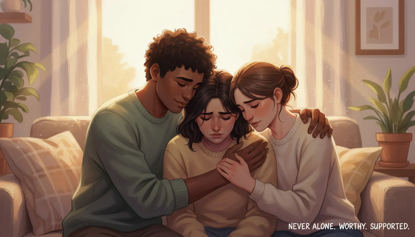Three diverse friends embracing, two offering emotional support and comfort to a third who is struggling, symbolizing unconditional friendship.