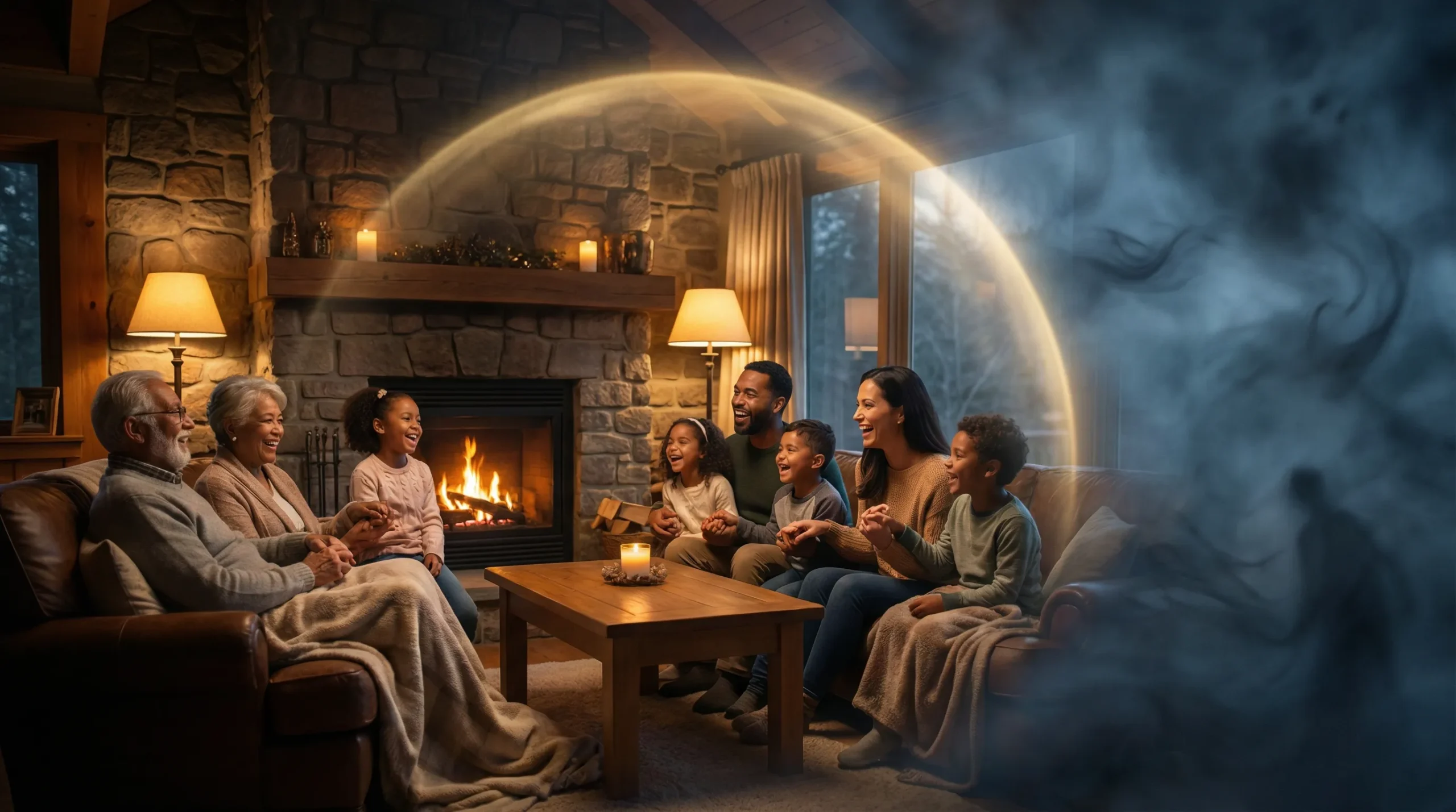 A family inside a warm home, enveloped by a golden aura, symbolizing divine protection over family and home.