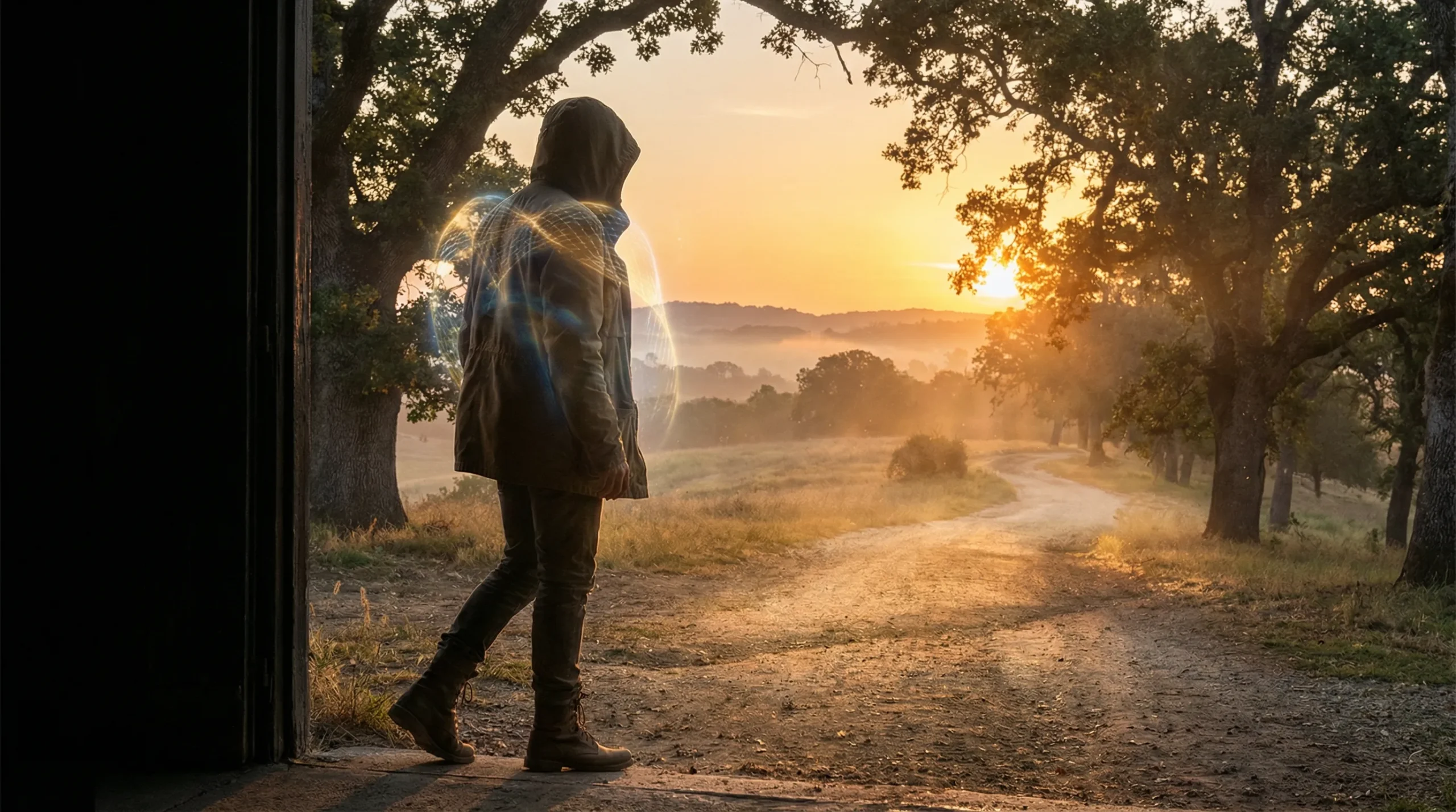 A person stepping into a new day, covered in ethereal armor, symbolizing daily divine protection and guidance.