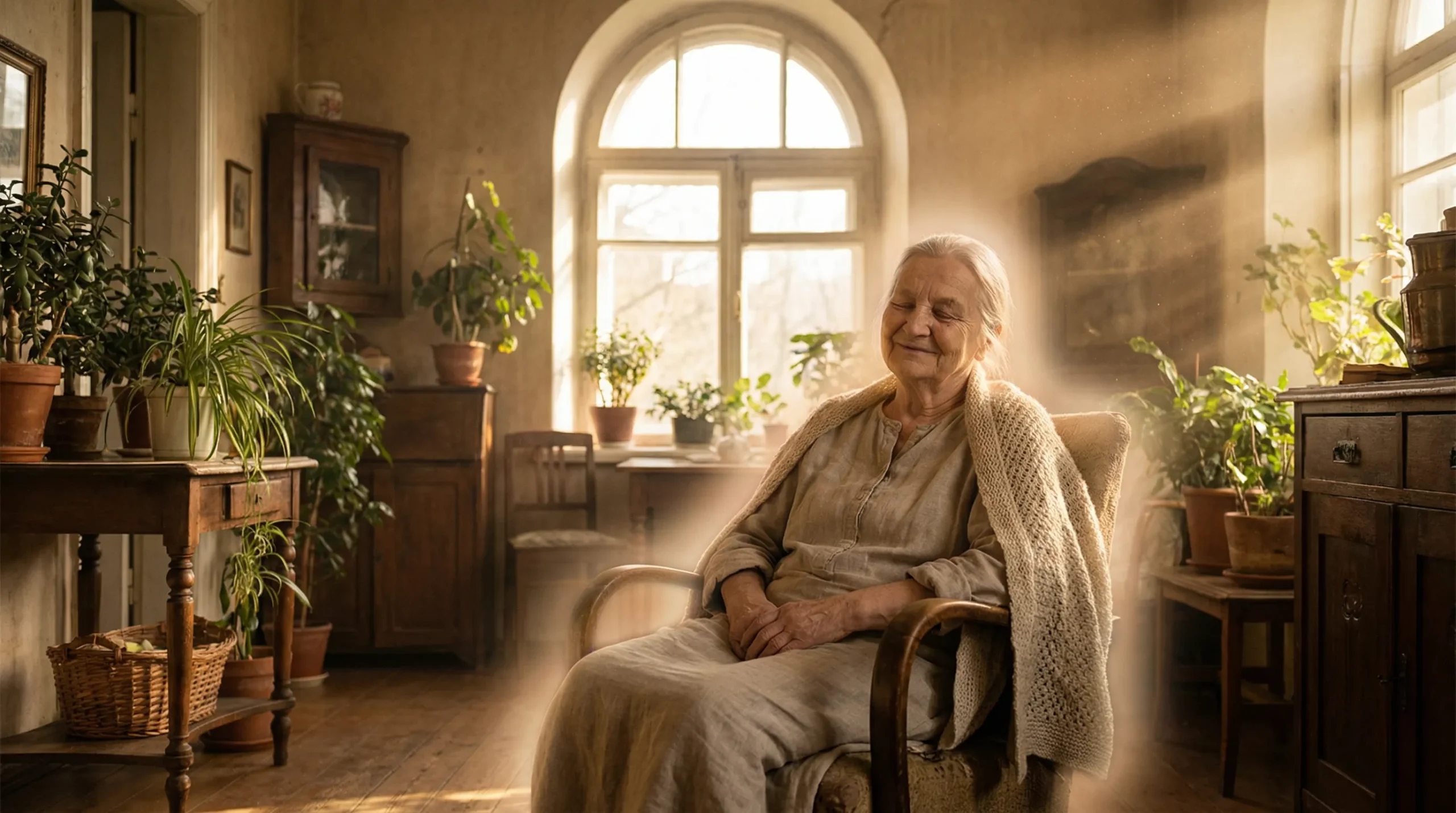 A person in a sunlit room, embraced by a warm, comforting light, symbolizing divine comfort and protection.