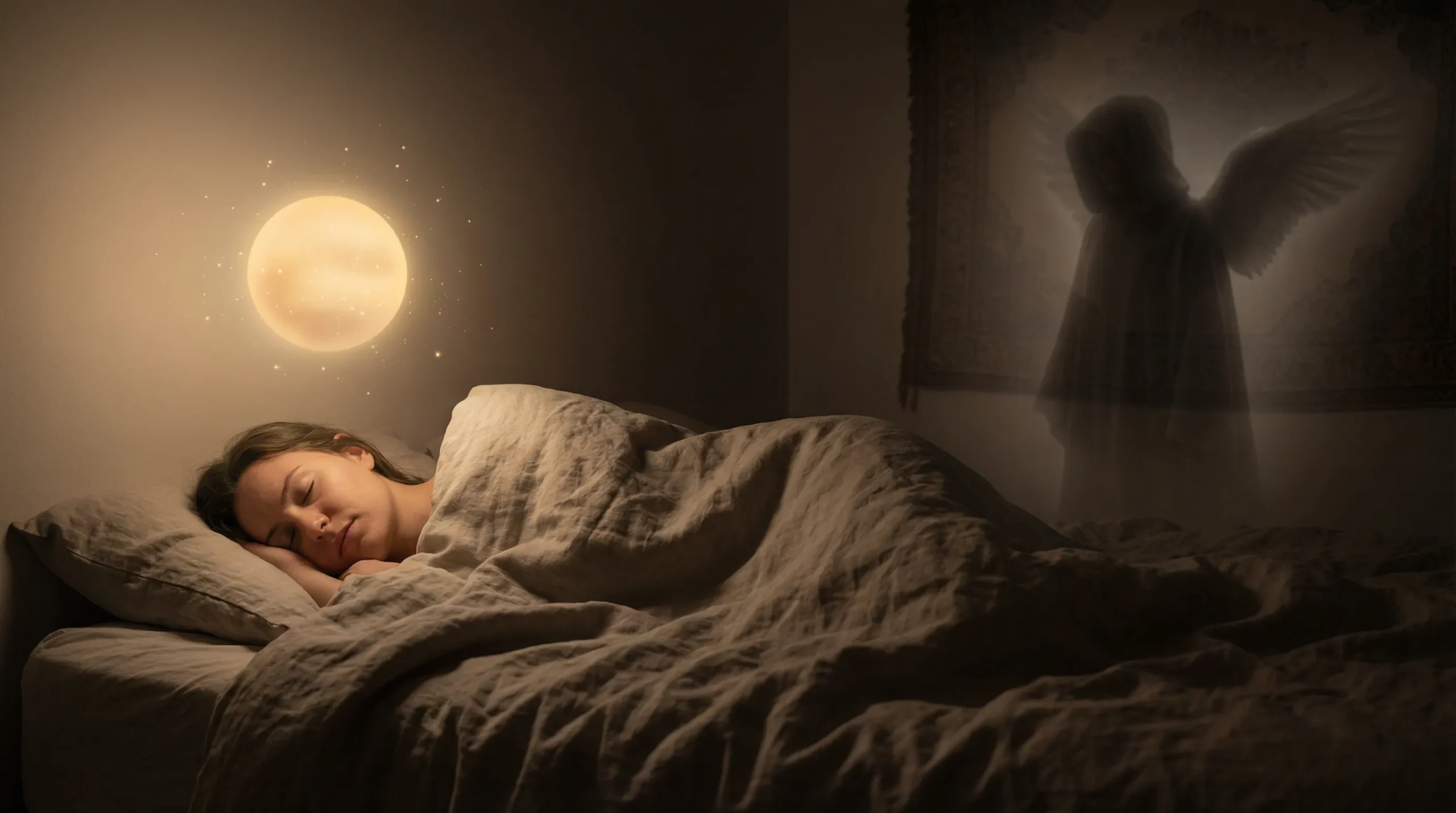 A person sleeping peacefully, with a shimmering light and subtle guardian angel presence, symbolizing nighttime protection.