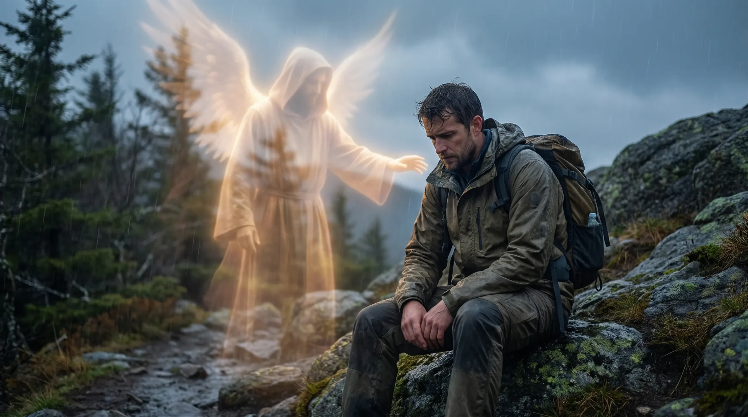 A person watched over by a subtle, translucent guardian angel, symbolizing unseen protection and guidance.