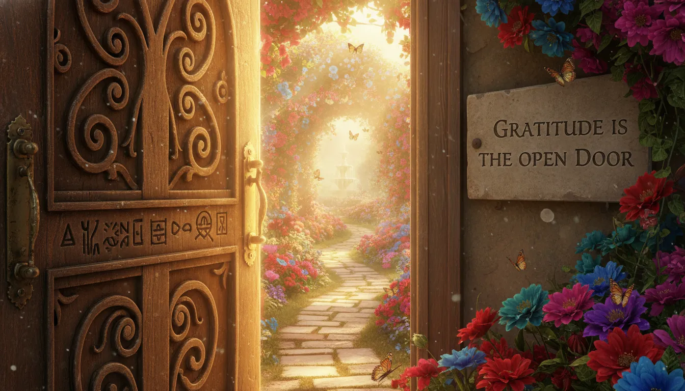 Prayers For Gratitude: An open ornate door revealing a beautiful, sunlit garden, symbolizing gratitude and new blessings.
