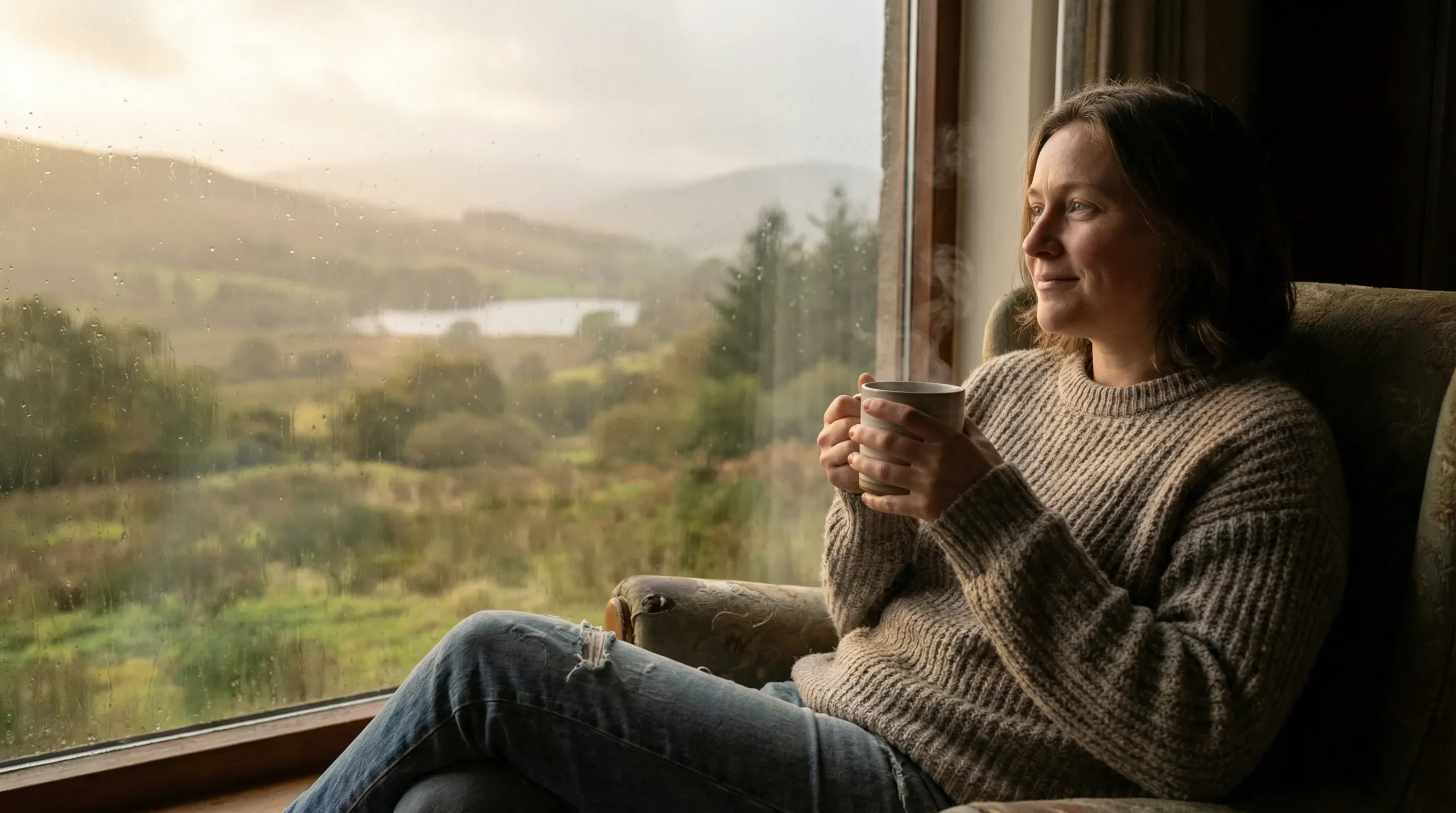 Person reflecting quietly by a window with a cup of tea, appreciating everyday beauty and thankfulness.